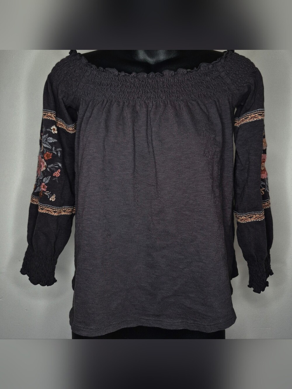 American Eagle Outfitters Off-Shoulder Tunic with Embroidered Sleeves